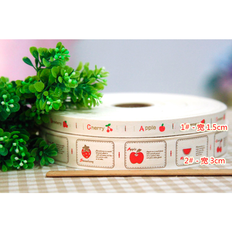 เทปผ้า Cotton พิมพ์ลายผลไม้ label มี 2 ขนาด ราคา/หลา