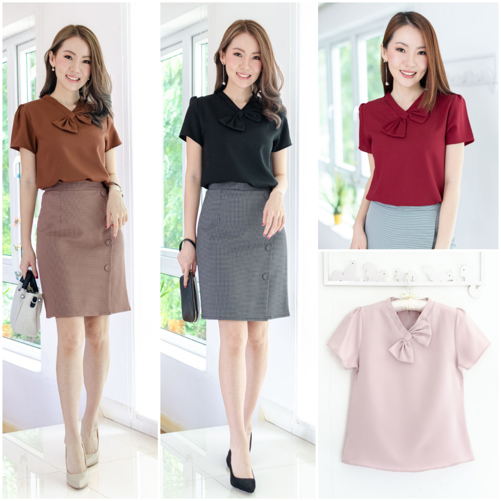 Narinari : NT2227 Bow Collar Blouse เสื้อทำงานแต่งโบว์หน้า