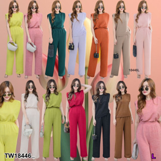 TwinsShopVip💗พร้อมส่ง TW18446 Set #สาวอวบ 2 ชิ้น เซทเสื้อคอกลมไหล่ล้ำ + กางเกงขายาว