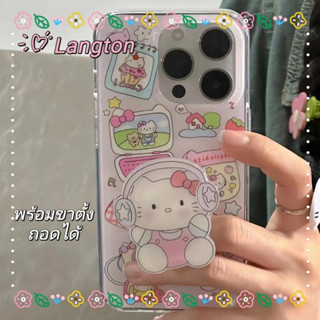 🌈Langton🌸แมวกับหูฟัง พร้อมขาตั้ง iphone 11 14 pro max ความคิดสร้างสรรค์ การ์ตูน สาวน่ารักหัวใจ case for iPhone 12 13