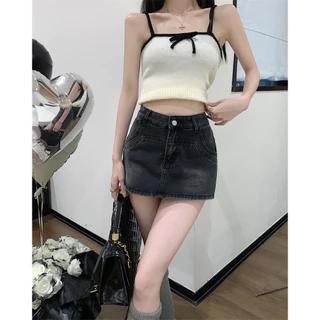 Cicishop(988/725)กระโปรงกางเกงยีนส์สั้น ดีเทลกระเป๋าหน้าสุดเก๋ สวยสับแบบสาวY2K