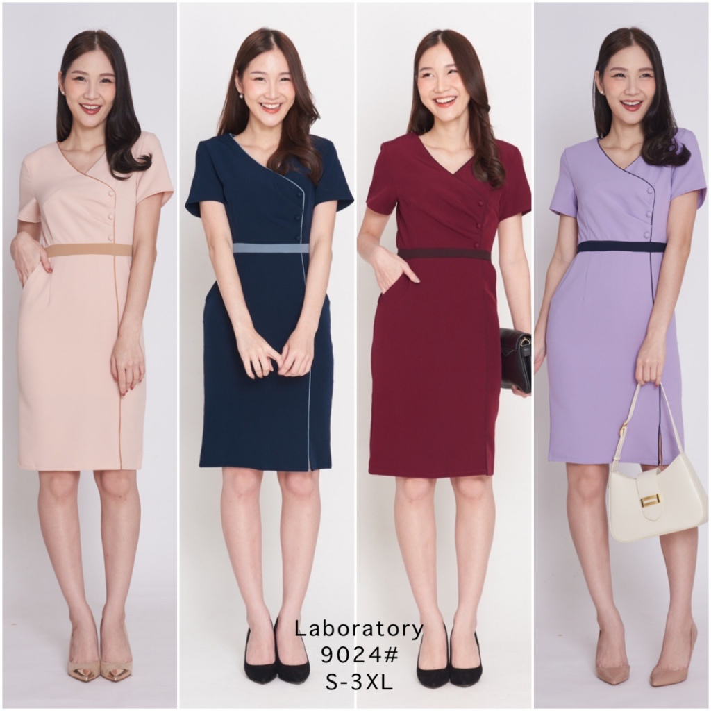 Laboratory 9024เดรสคอวีทรงป้ายหน้าแต่งกระดุมสีพื้น มีไซส์ รูปที่ 4