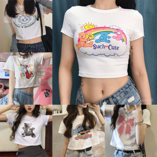 CF เสื้อครอปแขนสั้น คอกลม เอวลอย ผ้าคอตตอนผสม ลายน่ารัก ลายการ์ตูน ฟรีไซซ์