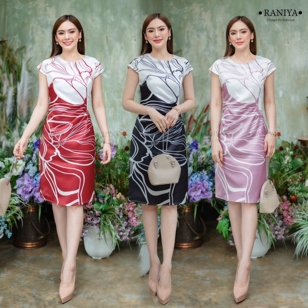 รหัส6717งานชุดเดรสผ้าSatin silk เนื้อบางไม่หนามาก งานปริ้นลายกราฟฟิก ตีเกรดตรงเอว