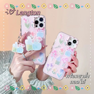 🌈Langton🌸ขอบเต็ม ป้องกันการหล่น ขาตั้ง ถอดได้ iphone 11 14 pro max สีชมพู ดอกไม้ ดอกทิวลิป หวานสวย case for iPhone 12 13