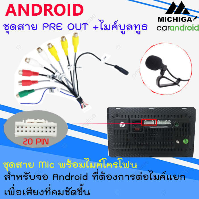 MICHIGA รุ่น MIC001 ชุดสายไฟปลั๊กท้ายพร้อม ไมโครโฟนจอแอนดรอยด์รถยนต์แจ็คเสียบไมโครโฟน3.5 และปลั๊กหลังจอแอนดรอย 20พิน.