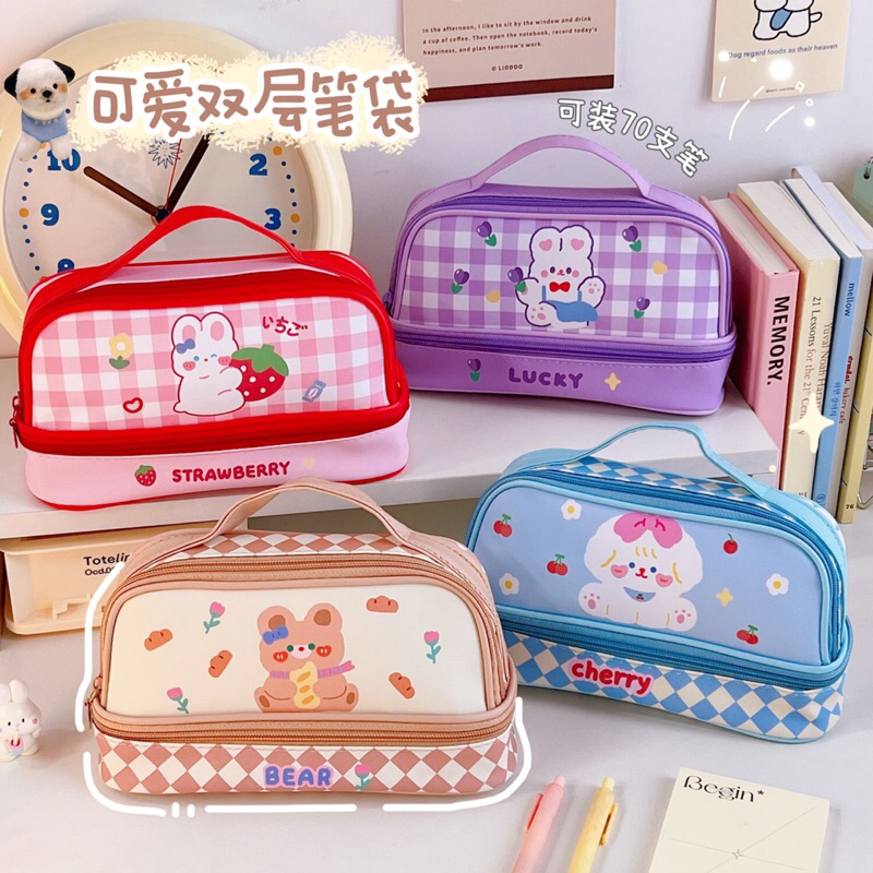 กระเป๋าดินสอ 2 ชั้น แบบหิ้วถือ ลายการ์ตูนน่ารัก และสีสันสดใส จุสิ่งของได้เยอะ