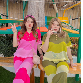 เซทสาวอวบ ไหมพรม  ทูโทนลายคลื่นขายาว ผ้านิ่มมาก พร้อมส่งจ้า (790)