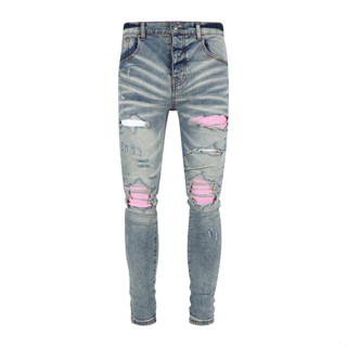 AMIRI Blue Ripped Hole Filling Pink Design Slim Jeans