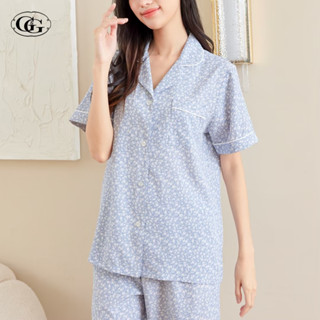 G&amp;G Nightwear รุ่น EN7P16 ชุดนอน เสื้อแขนสั้นคอปก + กางเกงขายาว ลายดอกไม้ ผ้าไหมอิตาลี สี BU