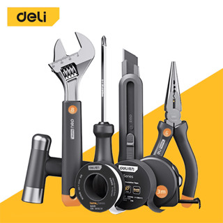 Deli ชุดเครื่องมือช่าง8in1 คัตเตอร์ ตลับเมตร ค้อน ประแจเลื่อน คีมปากแหลม เทปพันท่อ เทปฉนวน ไขควง Household Tool Set