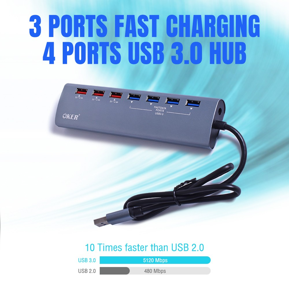 OKER รุ่น H-725 (●'◡'●)USB ฮับ 7 พอร์ต+อแดปเตอร์  เชื่อมต่อได้ทั้ง USB 3.0 และ Fast charging