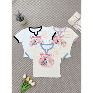 NN268 เสื้อครอปผ้าร่องลายน้องกระต่าย G-Rose