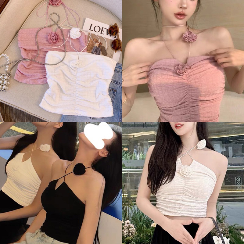 Unicorny เสื้อเกาะอกดอกกุหลาบ สายยาวแบบผูก มี 3 สี ขาว ดำ ชมพู เสื้อกุหลาบแฟชั่น C rose