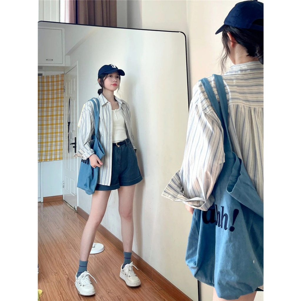 MU2992 COD เสื้อเชิ้ตผู้หญิง oversize ลายทาง ใส่แล้วดูผอม มีกระดุมหน้าแฟชั่นลำลอง ทรงหลวม สี cream