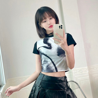 KSTYLE4U เสื้อครอปท็อปลำลอง #4380 คอกลม แขนสั้น พิมพ์ลาย สีตัดกัน เสื้อแฟชั่น เสื้อผ้า