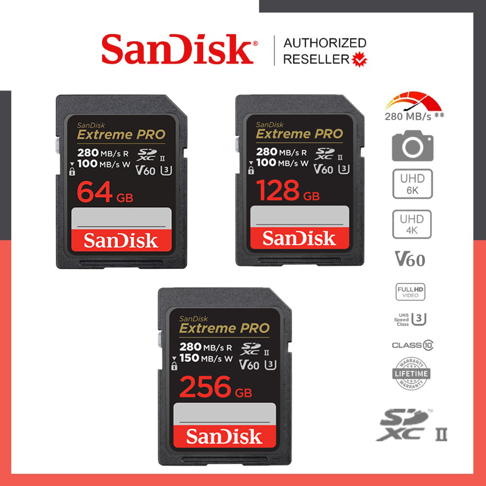 SanDisk Extreme PRO SDXC UHS-II Cards / Speed 280 MB/s V60 ความจุ 64GB 128GB 256GB (SDSDXEP) 6K กล้องถ่ายรูป DSLR