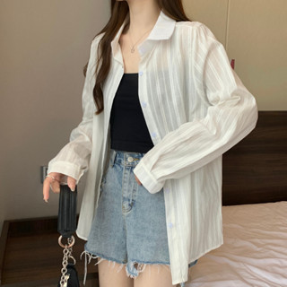 👚Anna👚เสื้อเชิ้ตแขนยาว ลายทาง สีขาว สไตล์ฝรั่งเศส สําหรับผู้หญิงW244