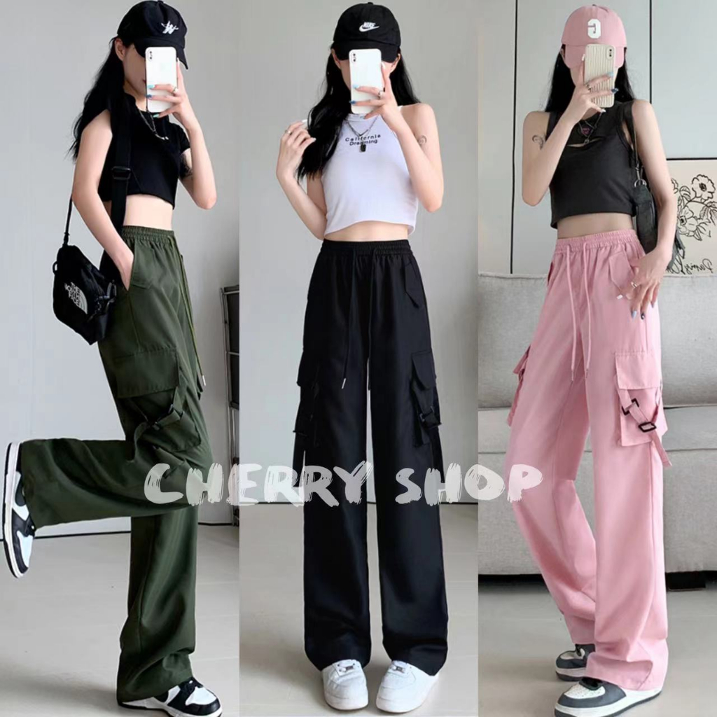 cherryshop พร้อมส่ง กางเกงกีฬาไฮสตรีทสไตล์อเมริกันขาตรงกางเกงขากว้าง