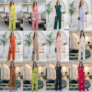 18446 Set #สาวอวบ 2 ชิ้น เซทเสื้อคอกลมไหล่ล้ำ + กางเกงขายาว Set #Chubby girl 2 pieces. Round neck top + long pants set.