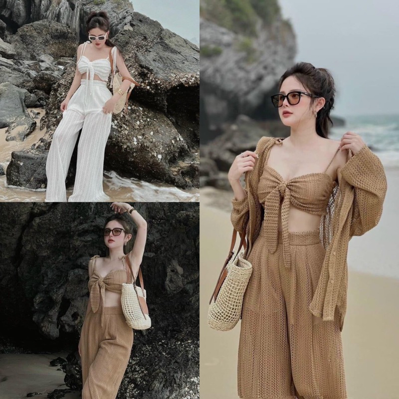 Set3ชิ้น   เสื้อครอปกล้ามบราผูกไหล่มาพร้อมเสื้อคลุม กางเกงขายาว ผ้าตาข่ายทอ งานมีซับใน เหมาะกับทะเล