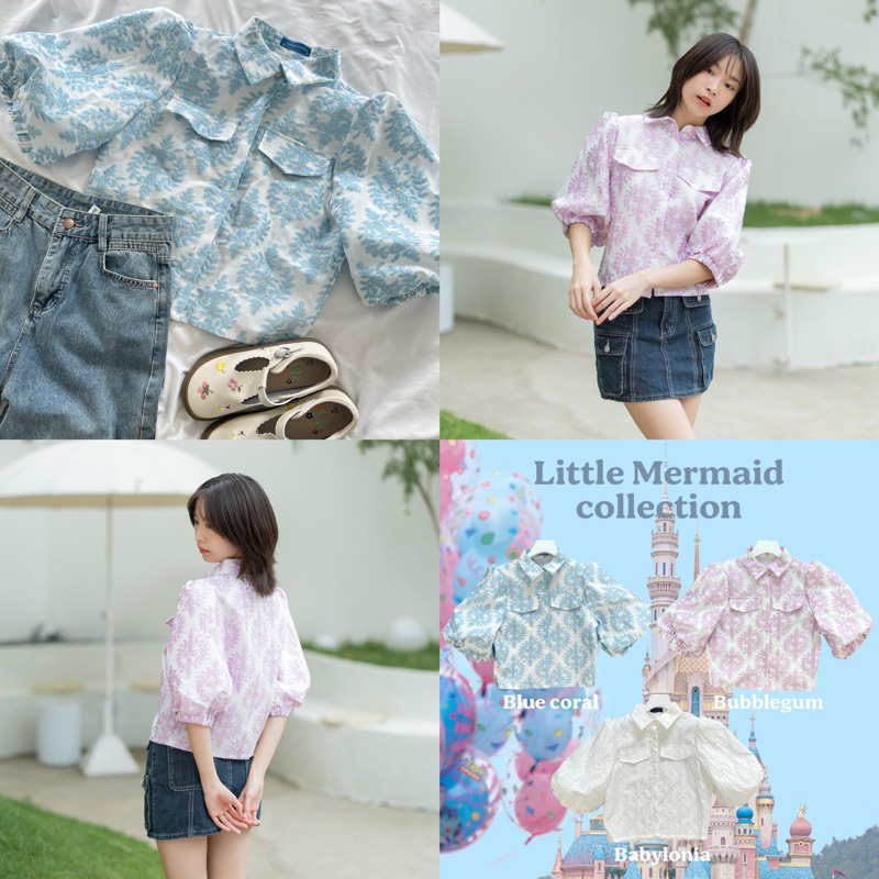 [พร้อมส่ง+ส่งฟรี] ⟢ primproudhome "Little Mermaid" เสื้อเชิ๊ตครอปแขนพอง คอปก