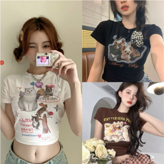 🔥พร้อมส่งเสื้อยืดแม🐱เสื้อยืดแขนสั้น 🐰เสื้อยืดครอปท็อป แขนสั้น เอวสูง เซ็กซี่ สไตล์อเมริกันเรโทร สําหรับผู้หญิง y2k