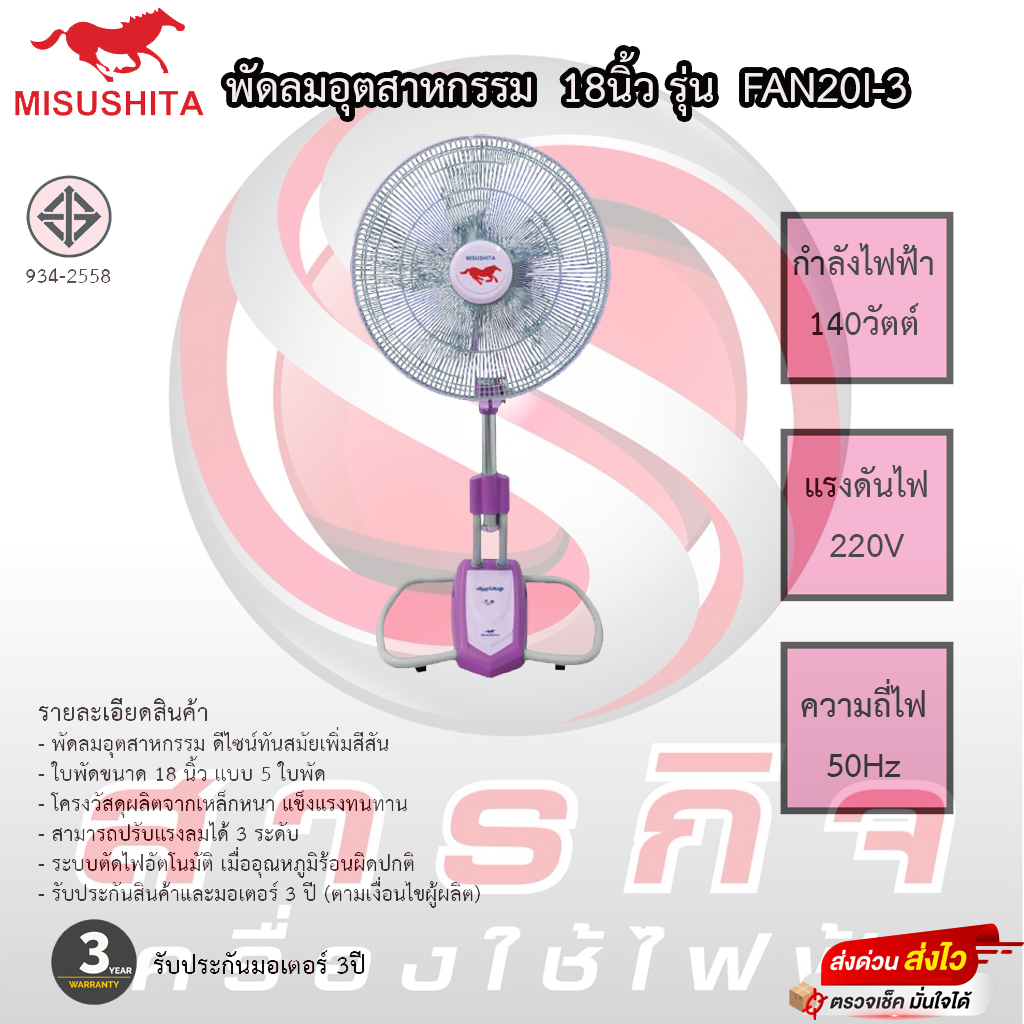 พัดลมอุตสาหกรรมมิซูชิต้า misushita 18นิ้ว รุ่น FAN20I-3 ประกันมอเตอร์ 3ปี เสียเปลี่ยนใหม่ทันที