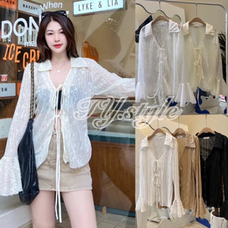 เสื้อแขนยาวแต่งปลายแขนระบาย คอปกวี ผูกโบว์ ด้านหน้า 2 ชั้น #Sheeny รุ่น Lula lace top