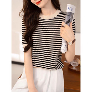 เสื้อคอกลมลายขวาง ผ้านิ่ม ใส่สบายไม่ร้อน ฟรีไซส์ อก38-48”