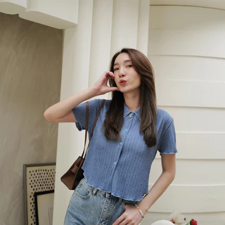 เสื้อผ่าหน้าครอป ยาว18 ผ้าลายไม้ตัดขอบ ผ้าใส่สบาย🛍️