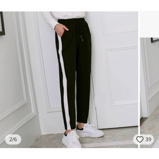 BELOVE Pants กางเกงขายาว แต่งแถบด้านข้างสีขาว เอวยืด มีเชือกปรับรูดได้