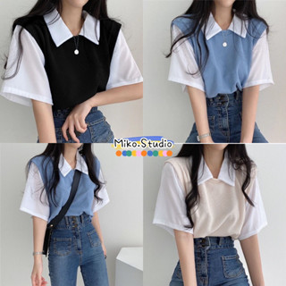 Miko🧺พร้อมส่ง🧸เสื้อยืด🎀เสื้อยืดโปโล คอปก แขนสั้น ปลอม สองชิ้น ทรงหลวม สไตล์เกาหลี แฟชั่นสําหรับผู้หญิง