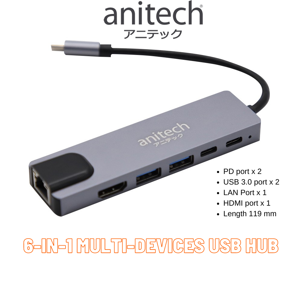 Anitech RA502 HUB USB-C to USB-A 3.0, USB-A 2.0, HDMI, Micro/SD Card, PD