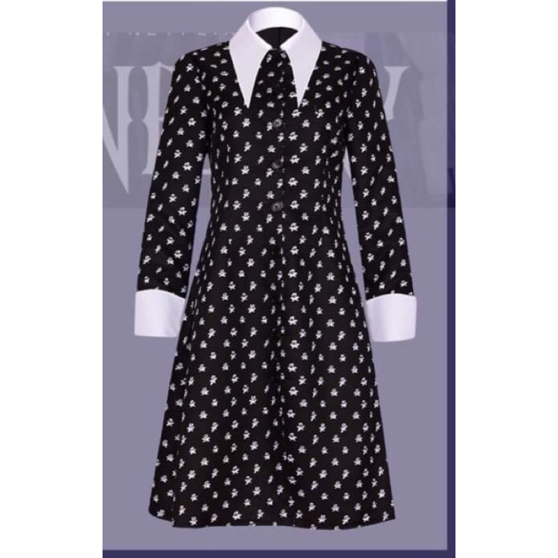 ชุดWensday สีดำลายจุด (แถมวิกผมฟรี)