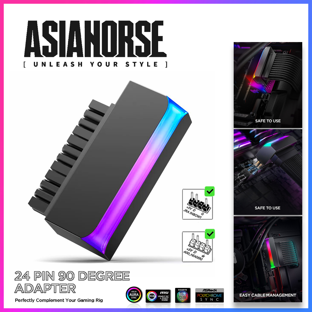 ข้องอ 90° องศา ATX 24 pin Mainboard [ 5V ARGB ปรับแสงไฟได้ ] /// AsiaHorse ARGB 24-PIN 90° POWER CON