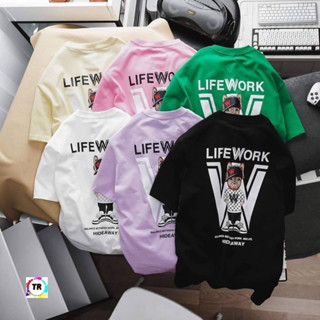 เสื้อยืดคอกลมแขนสั้นพิมพ์ลาย L▲FE WORK 🐶งานป้ายผ้าcotton