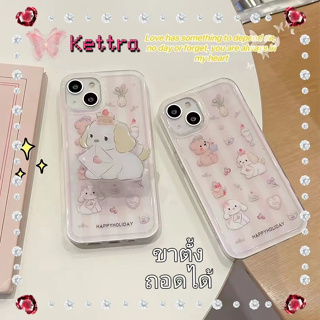 💜Kettra💜ป้องกันการหล่น ขอบเต็ม iPhone 11 14 pro max ขาตั้ง ถอดได้ การ์ตูน ลูกสุนัข สีชมพู หวานสวย case for iPhone 12 13