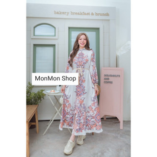 ~MONMONSHOP👗MON6883～ แม็กซี่เดรส แต่งกระดุมเรียงหน้า งานสวยเป๊ะมากๆนะคะ แต่งแขนพองพิมพ์ลายตามแบบฉบับแบรนด์ดัง งานมาพร้อม