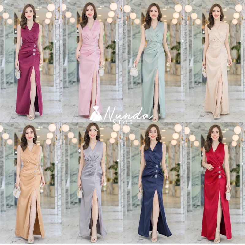 💎Nunda Style💎 เดรสคอวีผ่าหน้า  แต่งอะไหล่เพชร เนื้อผ้าซาร่าเงา ซิปหลัง ใส่ออกงาน สวย หรู ดูแพง มากค่ะ
