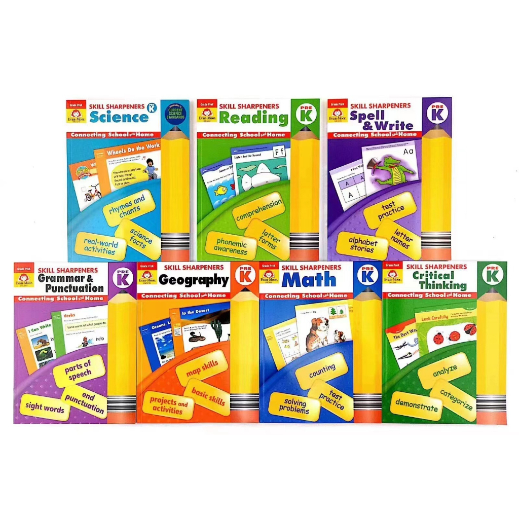 พร้อมส่ง Evan Moor Skill Sharpeners แบบฝึกหัดภาษาอังกฤษ ชุด 7 เล่ม 7 วิชา [Grade Pre-K ถึง Grade 3]