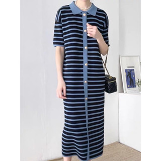 🌈🌿🌸🌼🌺💙🤎🧡🇰🇷Knit Stripe Polo Maxi Dress