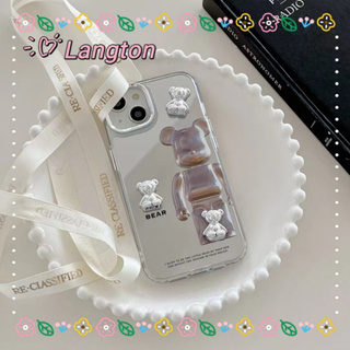 🌈Langton🌸ป้องกันการหล่น ขอบเต็ม iphone 11 14 pro max พื้นผิวกระจก หมีน้อย เส้นขอบโปร่งใส เงิน case for iPhone 12 13