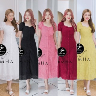 เดรสเพื่อนเจ้าสาว!!! S-6XL Maxi Dress ชุดไปวัด,เดรสดำ,เดรสขาวผ้าฉลุลายกระดุมหน้าแขนตุ๊กตา งานป้าย Tarm Ha