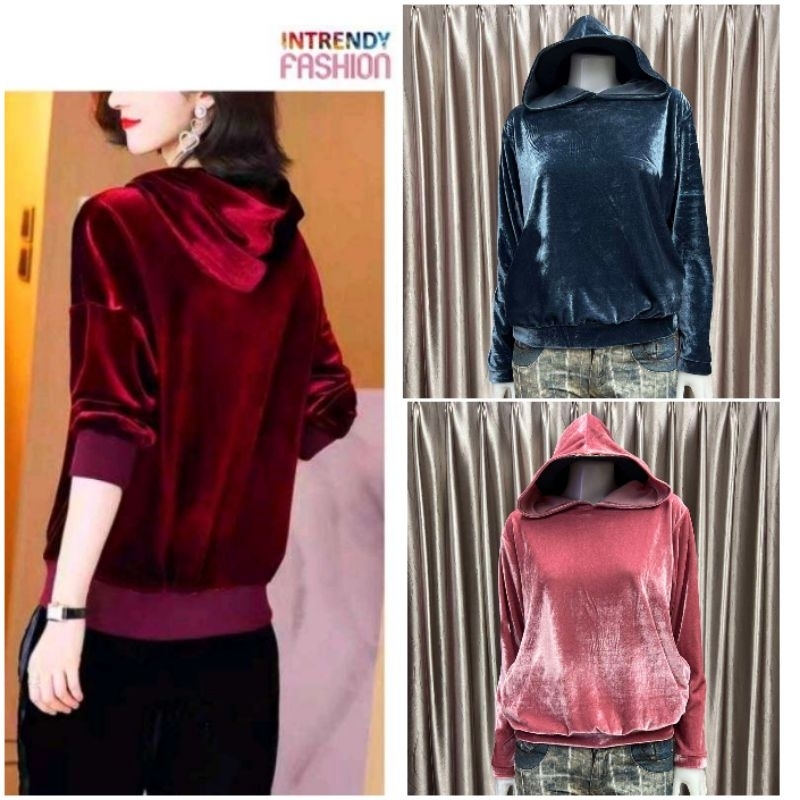 (สินค้าเข้าใหม่พร้อม)เสื้อฮู้ดกํามะหยี่แขนยาว มีกระเป๋า 2 ข้าง Free size: 32 - 40 ( หน้าผ้า 40 นิ้ว )