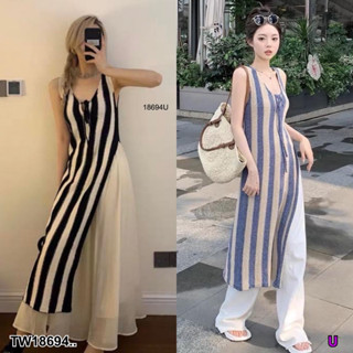 18694 เดรสไหมพรม งานผ่าข้างลายทาง Silk dress with striped side slit