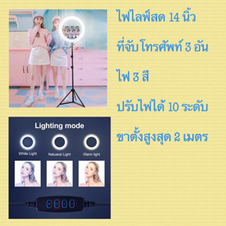 ชุดไฟไลฟ์สด ขนาดไฟ 14 นิ้ว ที่จับมือถือ 3 อัน ขาตั้ง 2เมตร