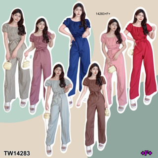 TwinsShopVip💗พร้อมส่ง TW14283 จั๊มสูทยาวแขนพองอกจับจีบ