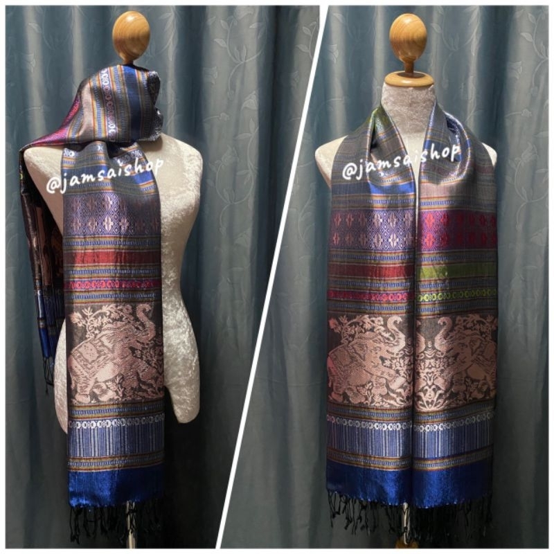 ผ้าคลุมไหล่ ผ้าพันคอผ้าไหมเทียมลายช้างมีหลายสี - รูปที่ 3