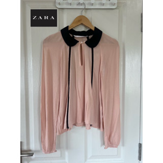 ZARA x ผ้าลื่นๆ x XS ชมพูละมุนปกดำ สวย Tag ตัด อก 34-35 ยาว 22 Code: 1016(7)